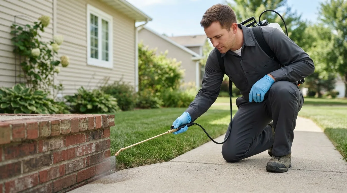 Pest control technician treating a home near Lowellville, OH