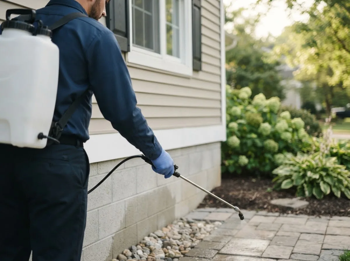 Pest control technician inspecting a home in Lowellville, OH